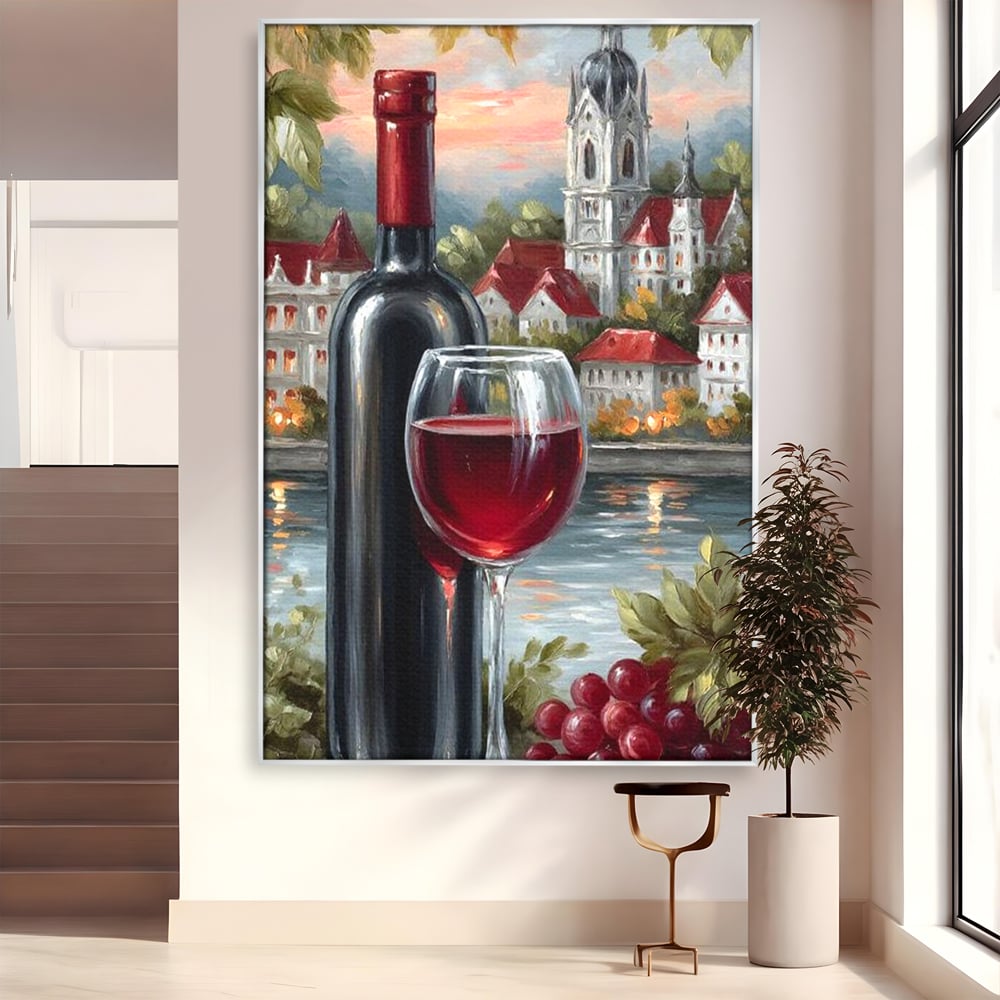 Tablou canvas cu pictura cu sticla de vin si oras, in rama de aluminiu argintiu